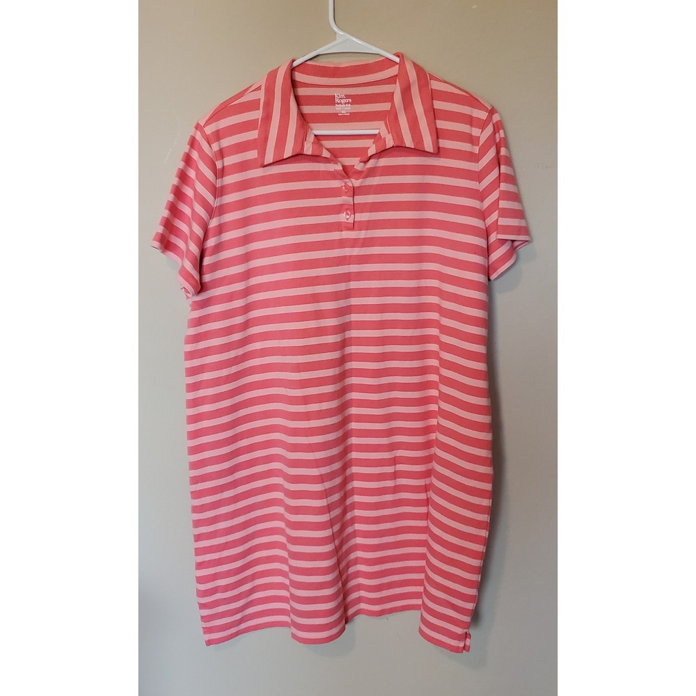 Kim‎ Rogers Womens XL Pink Coral Striped Polo Dress Short Sleeve 100% Cotton